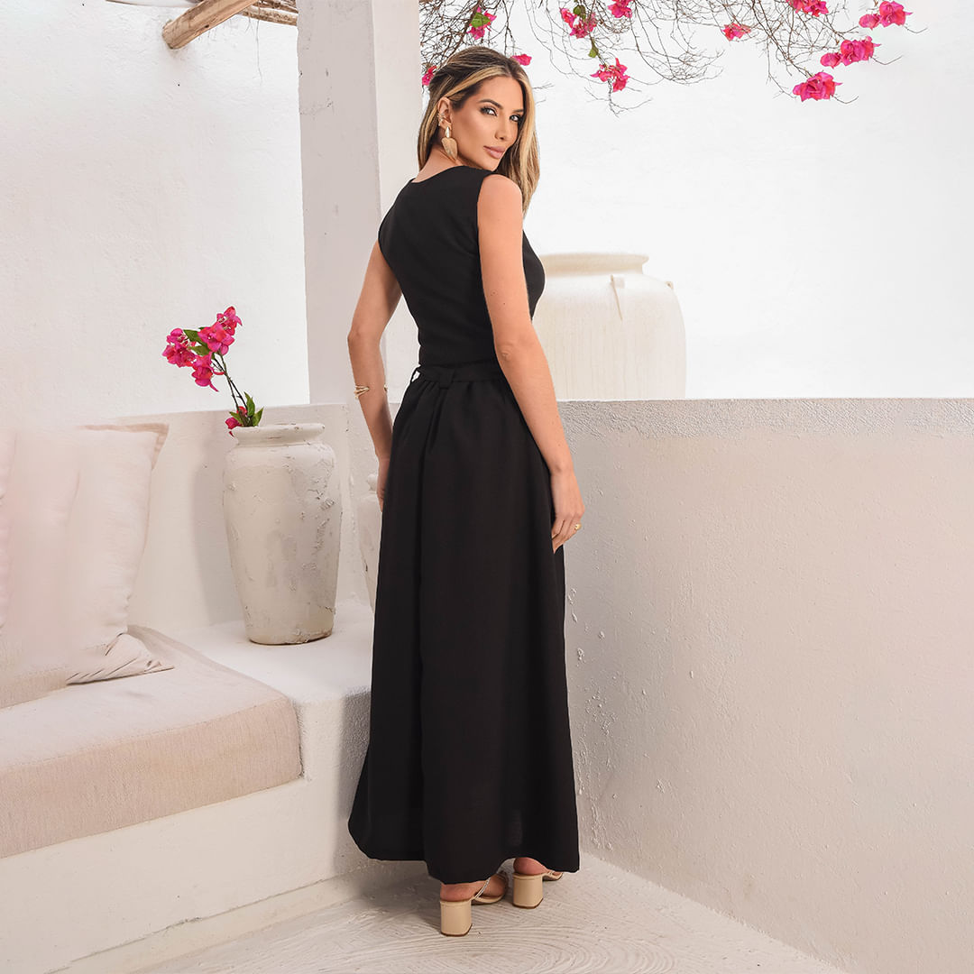 Saia Midi Alongada Linho Preto