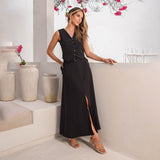 Saia Midi Alongada Linho Preto