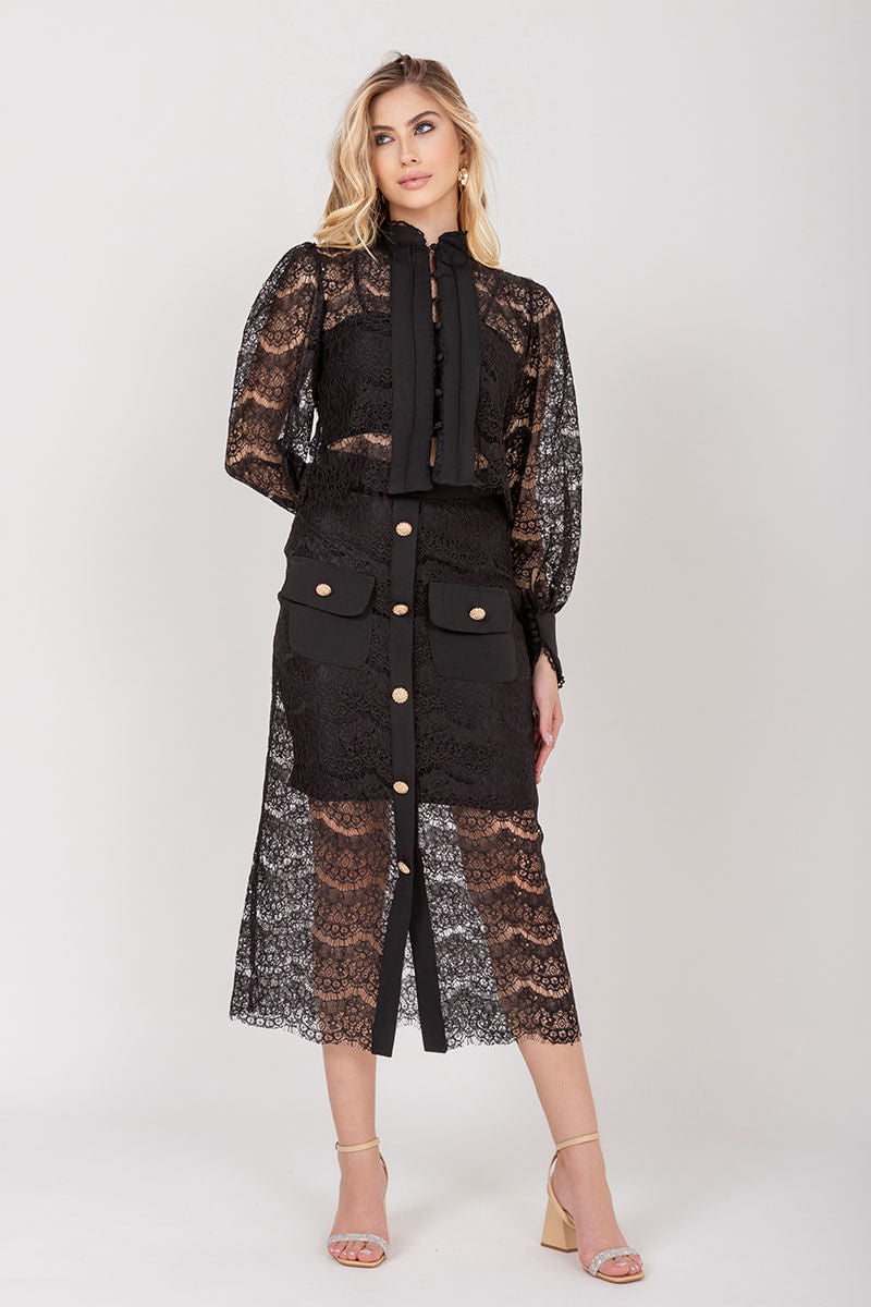 Saia Midi de Renda Preto