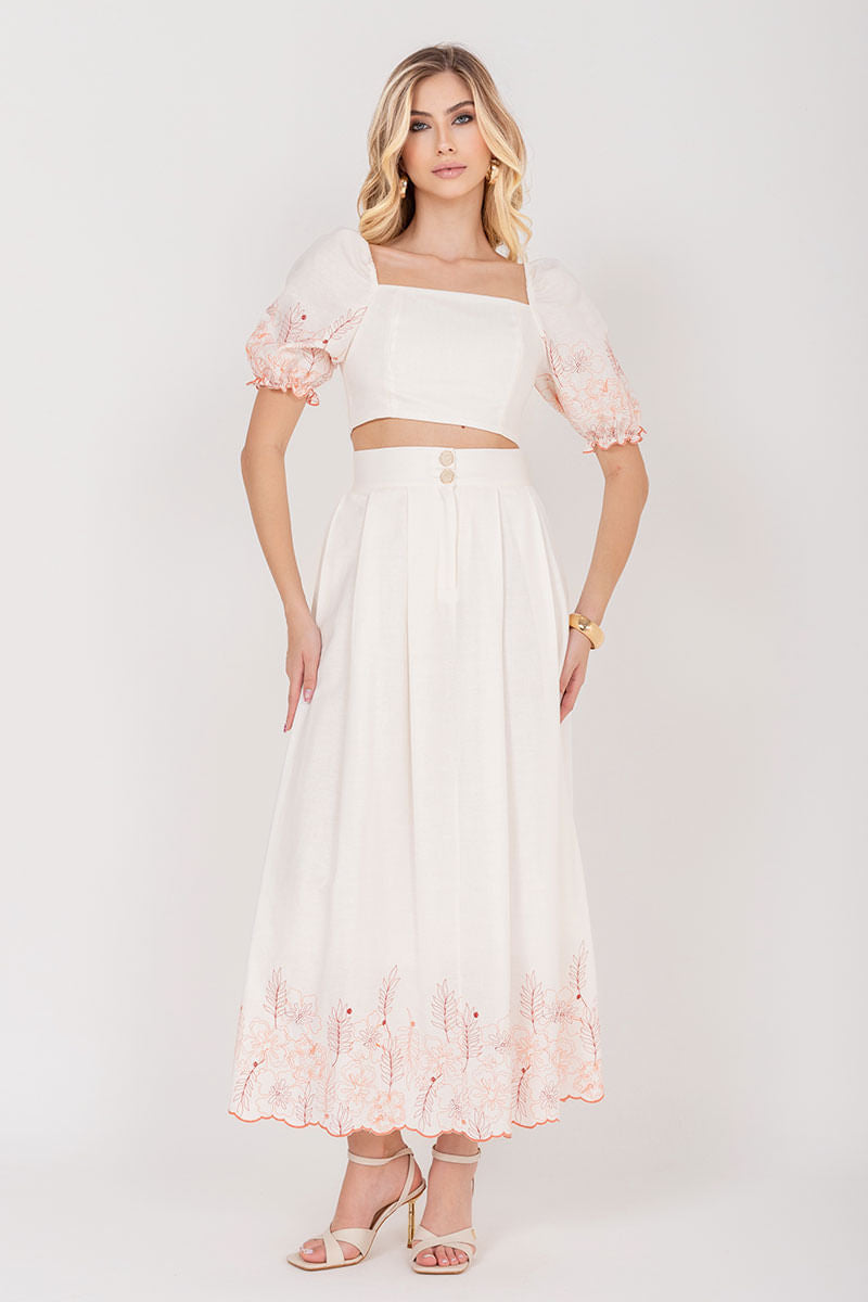 Saia Midi Linho Bordado Coral