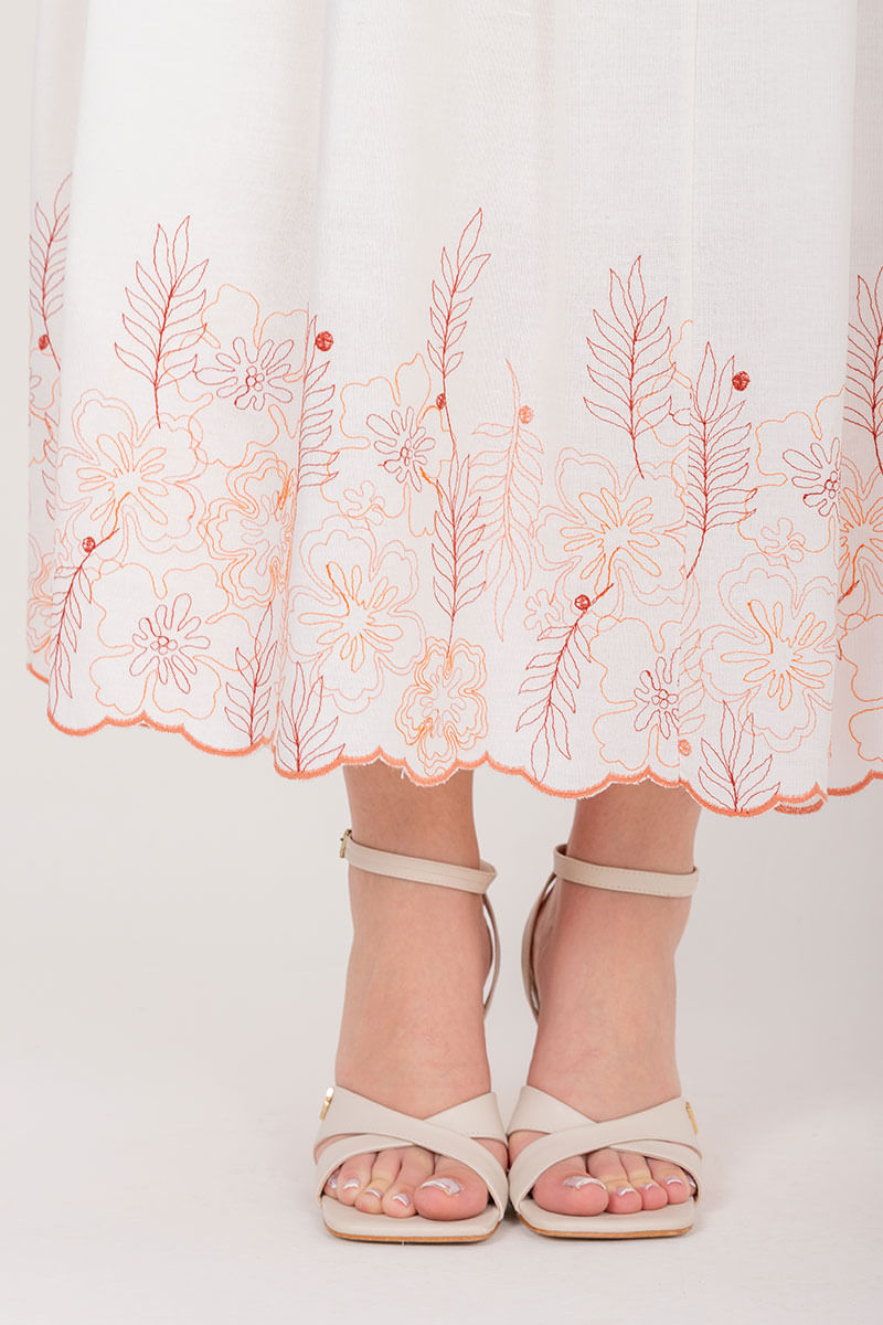 Saia Midi Linho Bordado Coral