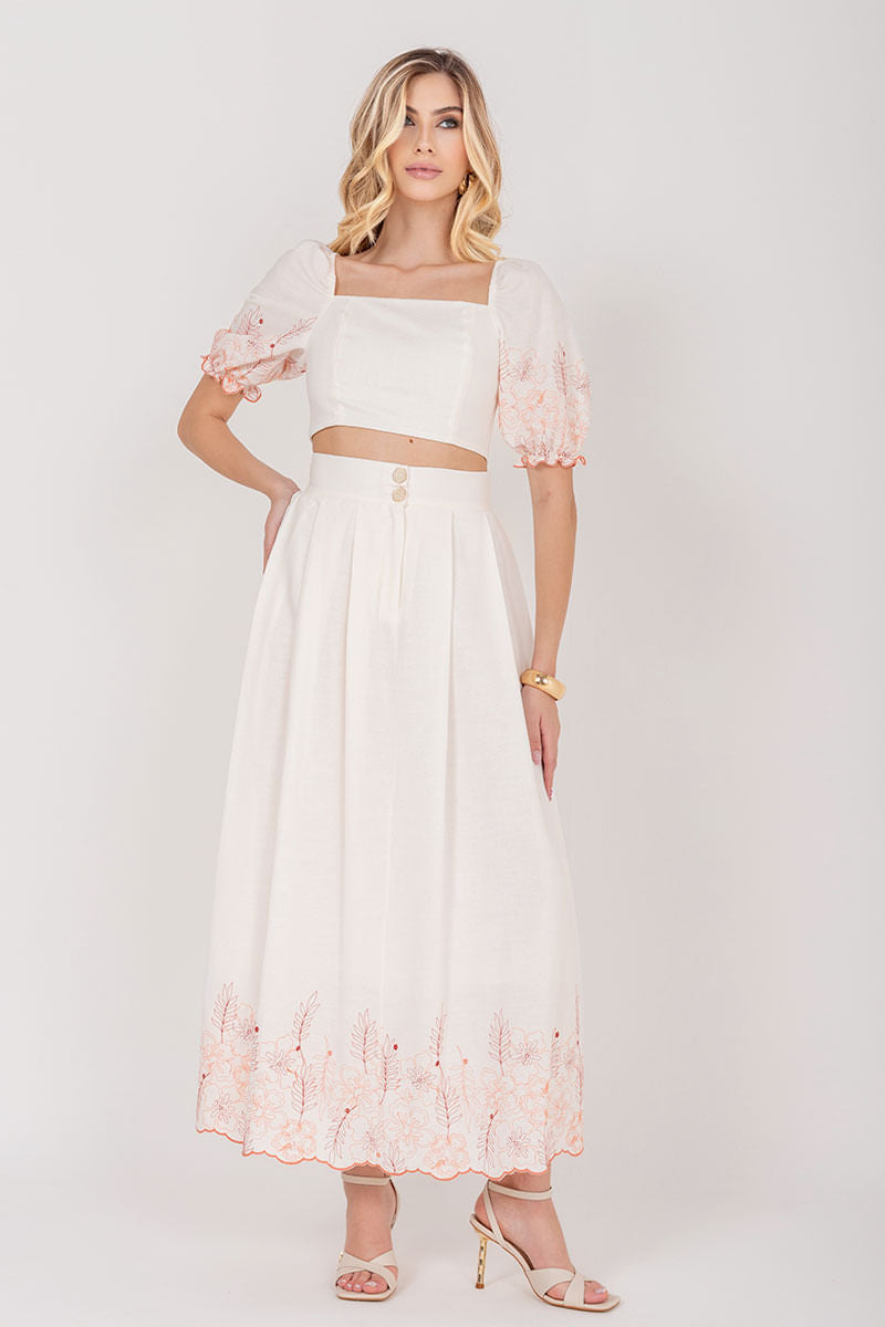 Saia Midi Linho Bordado Coral