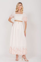 Saia Midi Linho Bordado Coral