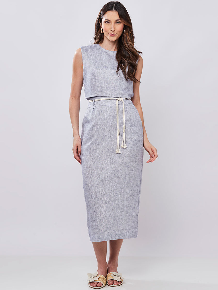 Saia Linho com Fio de Lurex Azul