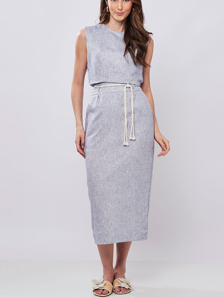 Saia Linho com Fio de Lurex Azul