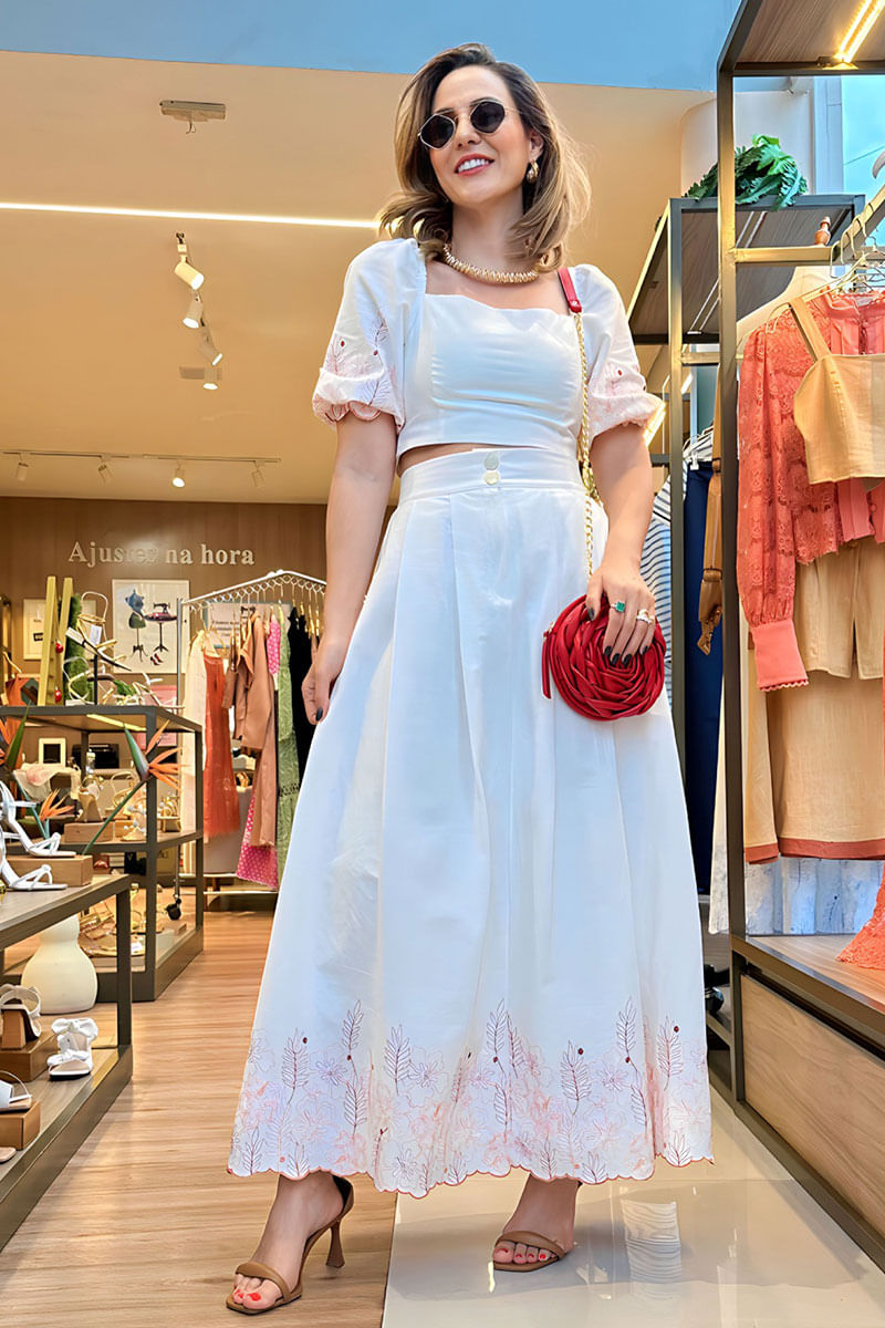 Saia Midi Linho Bordado Coral