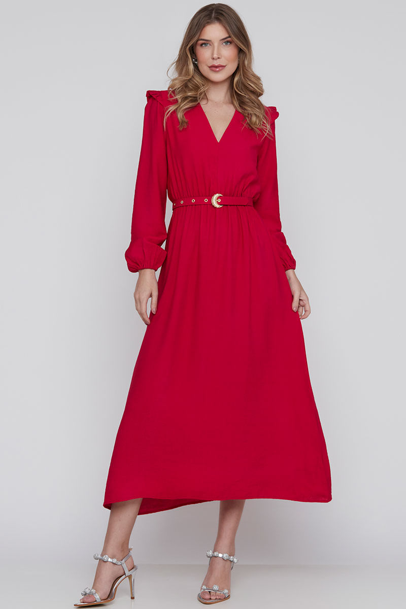 Vestido Longuete Manga Longa Vermelho Cereja