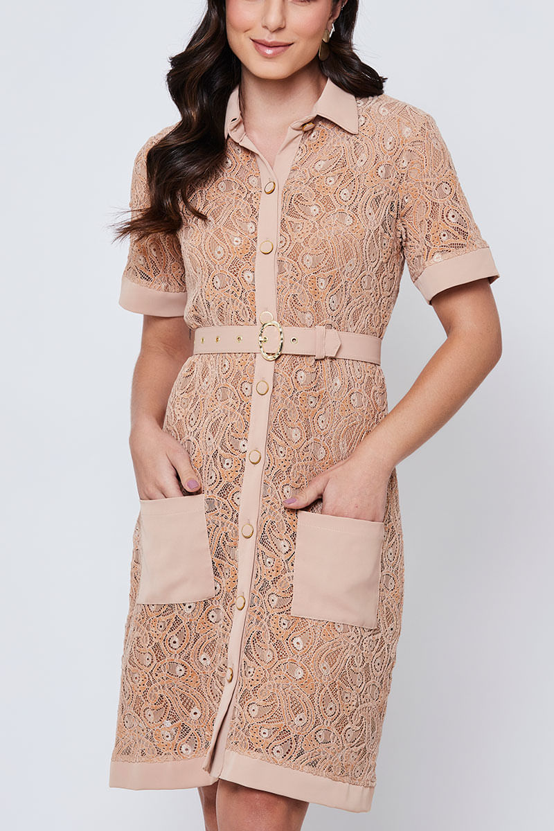 Vestido Renda Manga Curta Areia