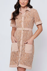 Vestido Renda Manga Curta Areia