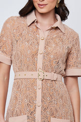 Vestido Renda Manga Curta Areia