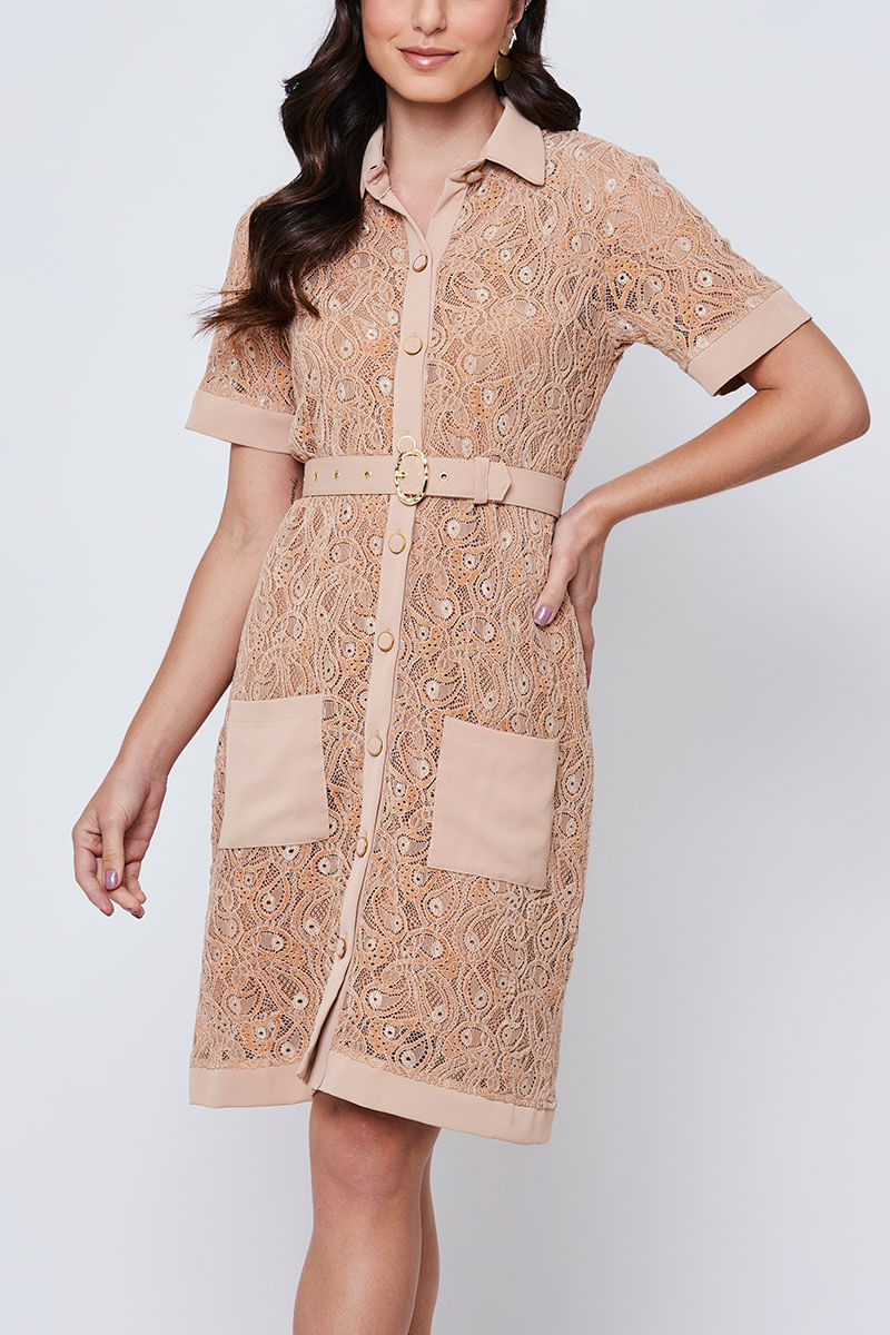 Vestido Renda Manga Curta Areia