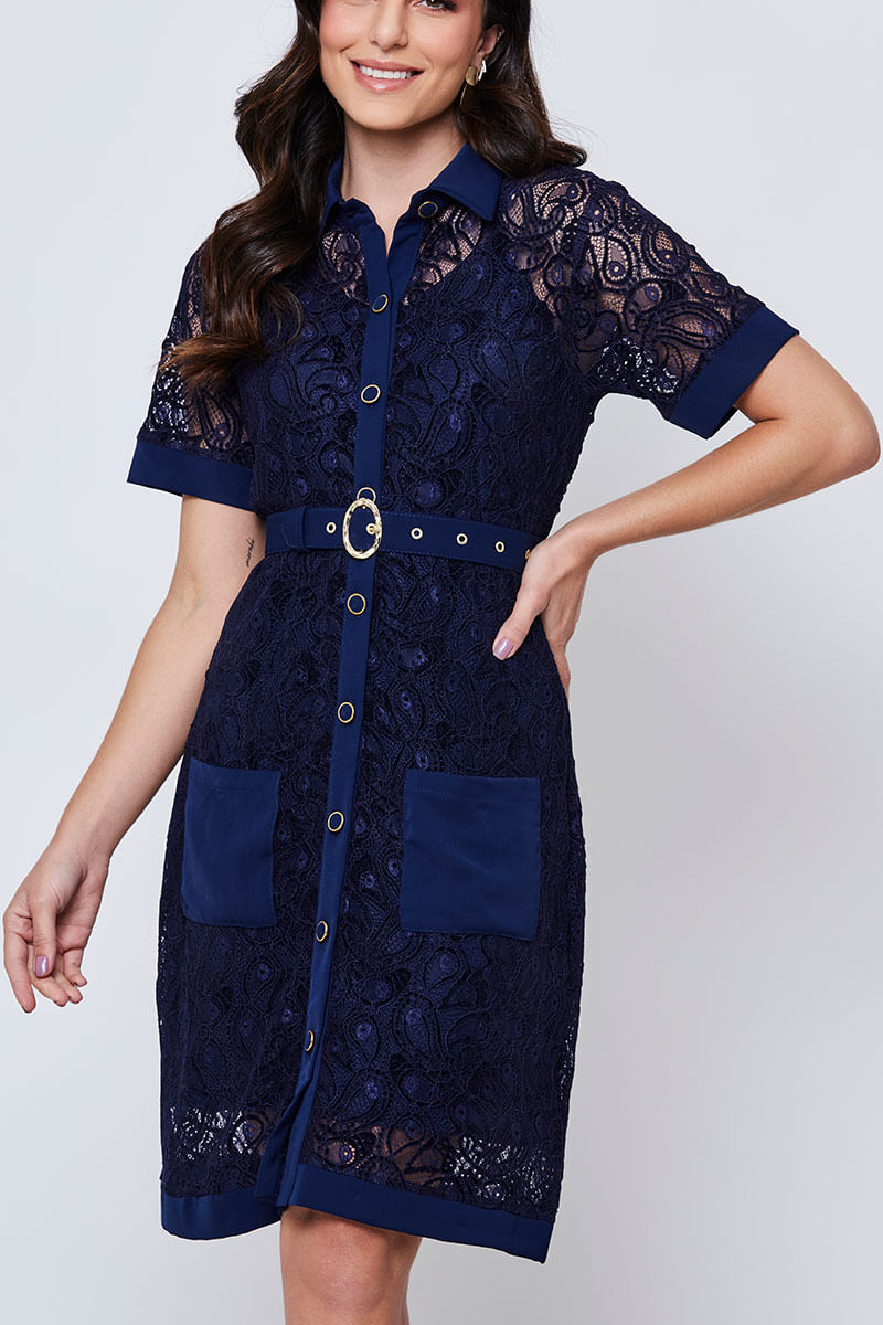 Vestido Renda Manga Curta Azul Marinho