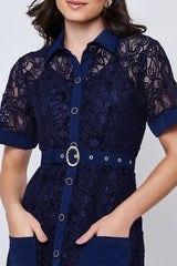 Vestido Renda Manga Curta Azul Marinho