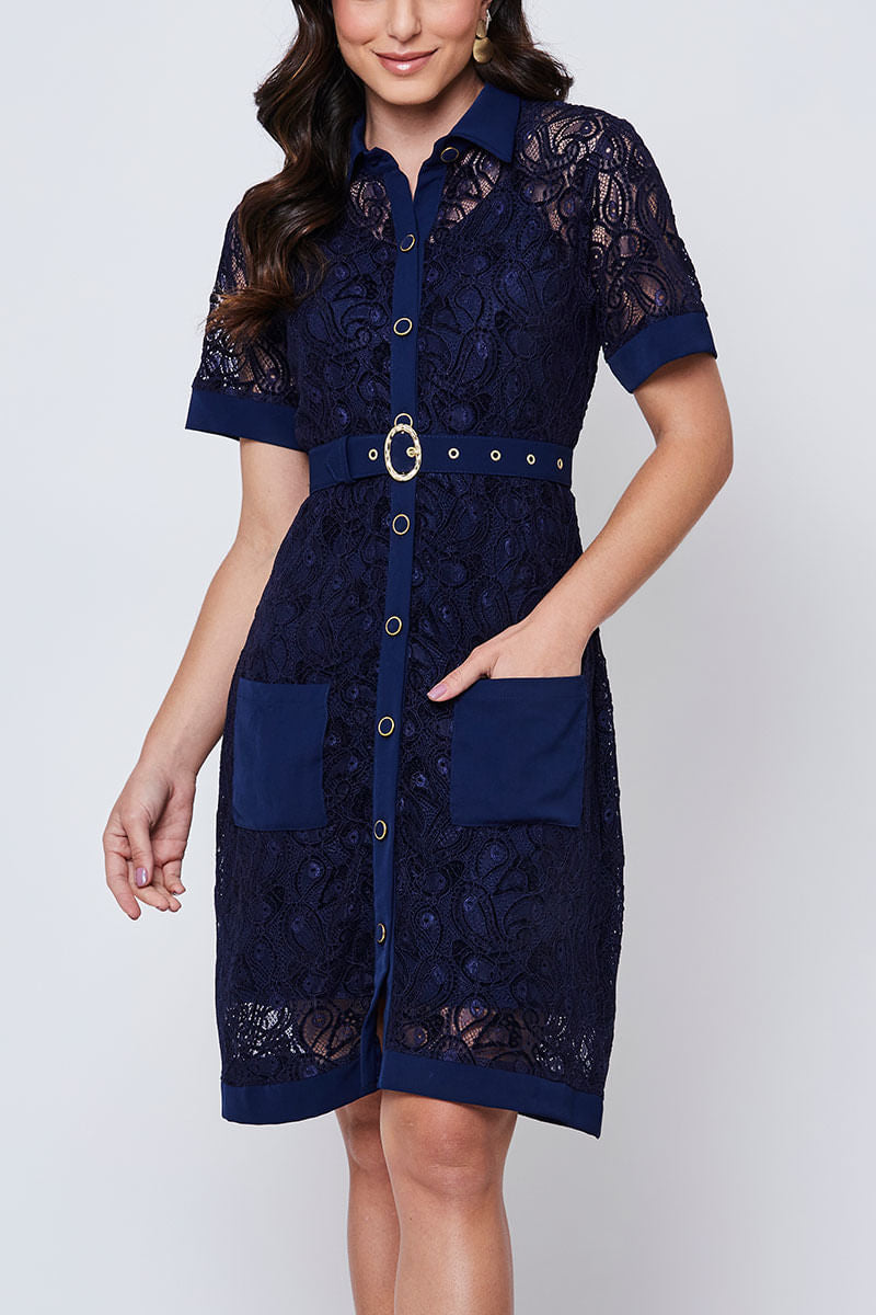 Vestido Renda Manga Curta Azul Marinho