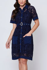 Vestido Renda Manga Curta Azul Marinho