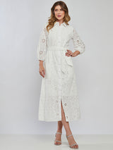 Vestido Longuete com Manga Laise Bordado Cordonê Offwhite