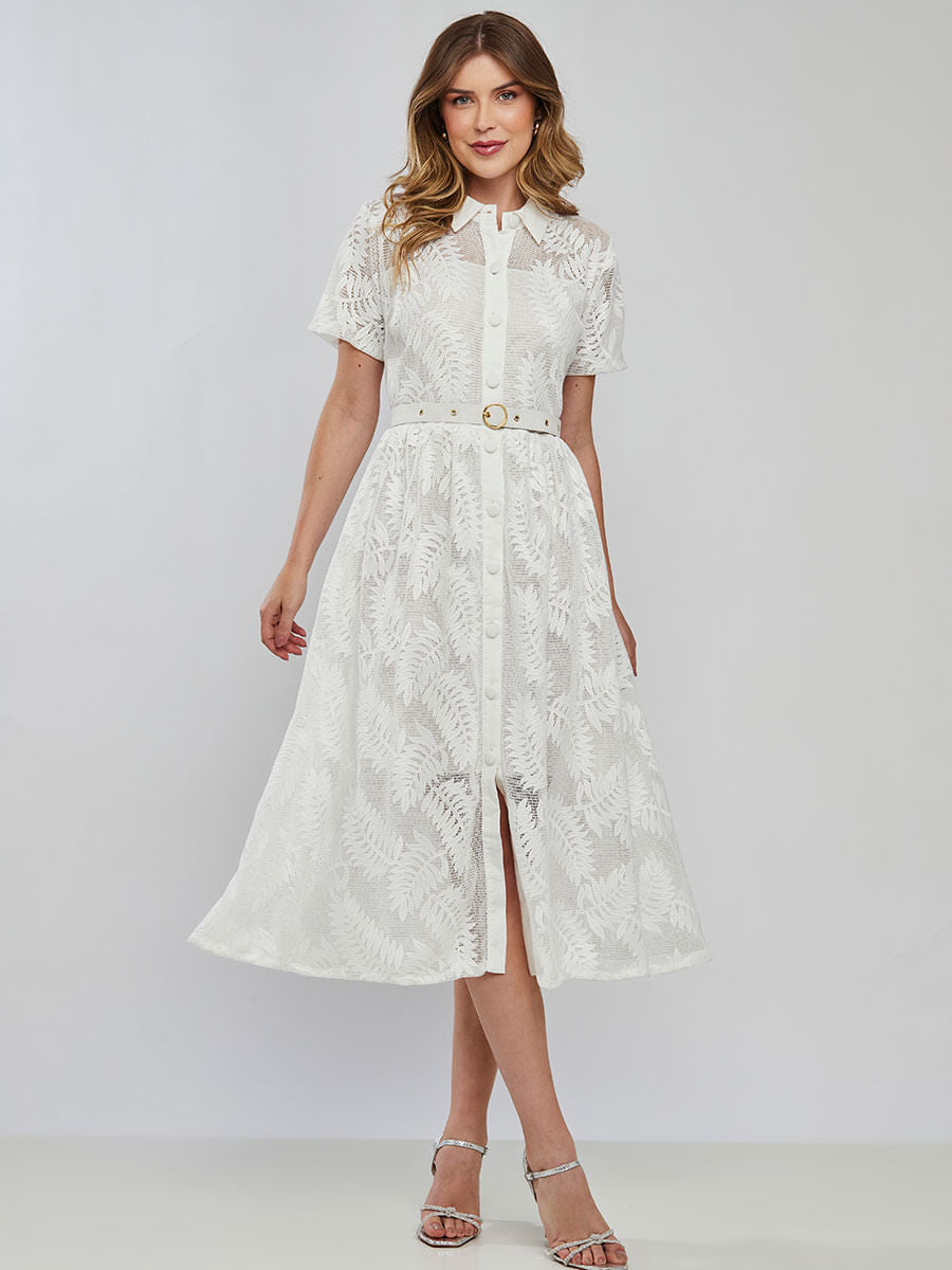 Vestido Renda Acinturado com Manga Curta Offwhite
