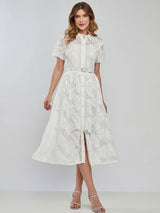 Vestido Renda Acinturado com Manga Curta Offwhite