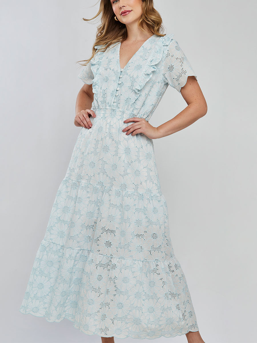 Vestido Laise Bordado Longuete Azul