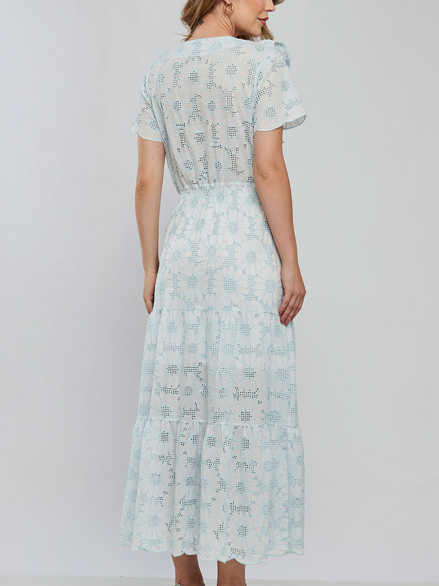 Vestido Laise Bordado Longuete Azul