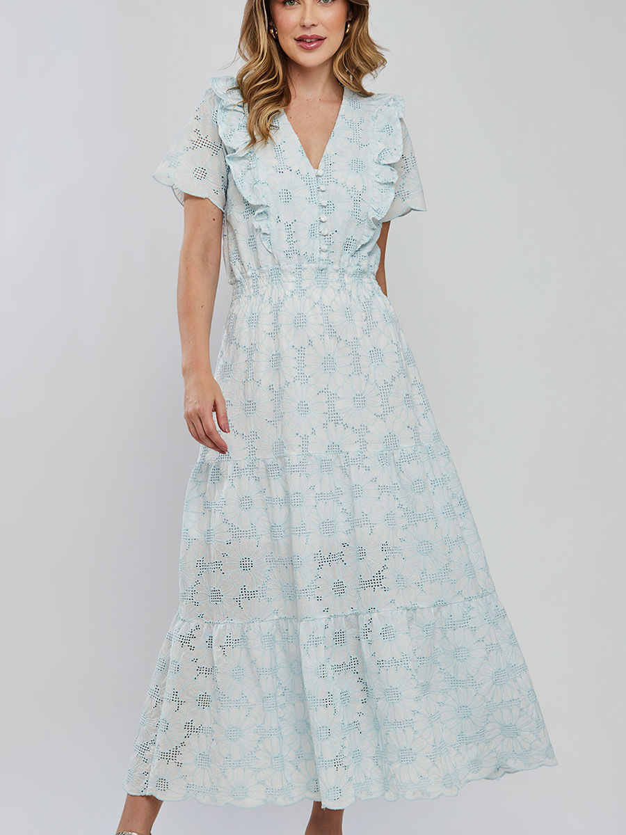Vestido Laise Bordado Longuete Azul