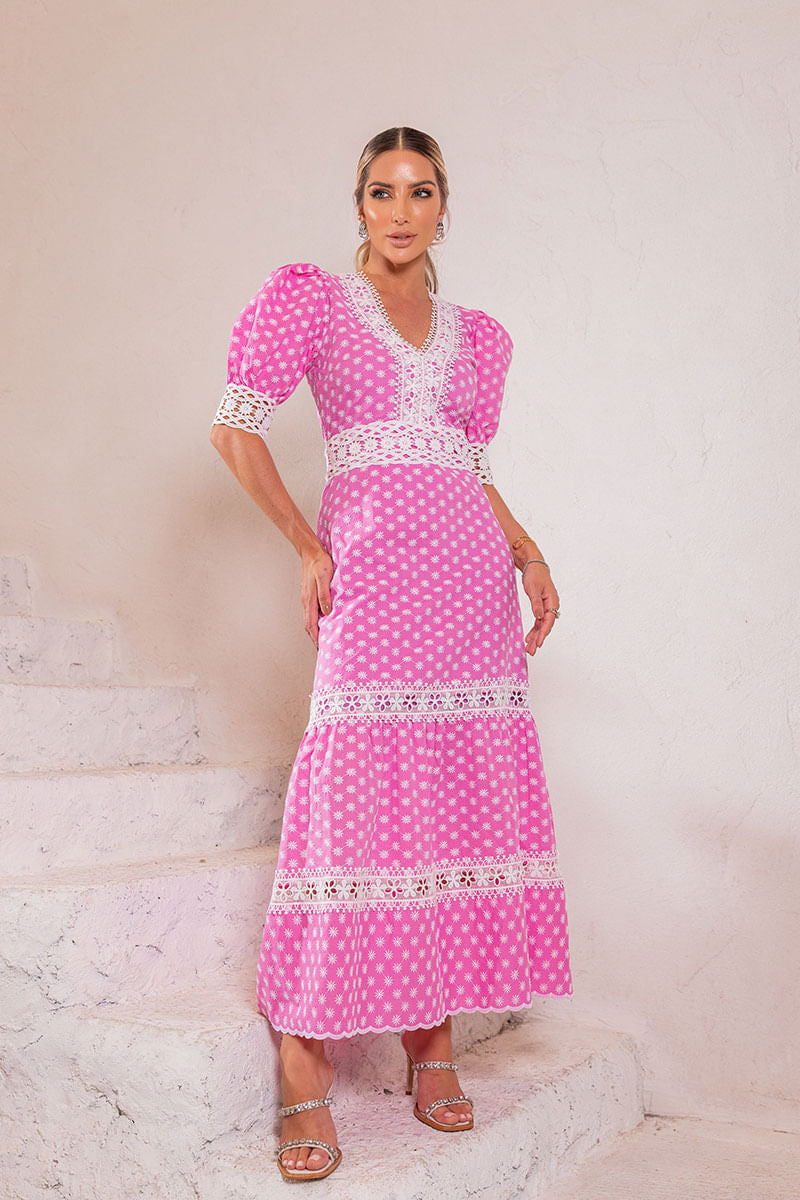 Vestido Laise Florzinhas Renda Entremeio Rosa
