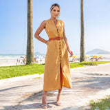 Vestido Chemise Linho Com Cinto e Botões Amarelo