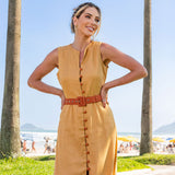 Vestido Chemise Linho Com Cinto e Botões Amarelo