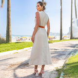 Vestido Chemise Linho Com Cinto e Botões Areia