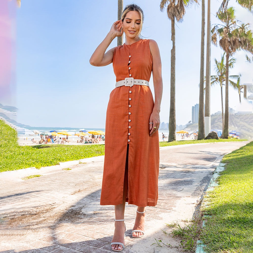 Vestido Chemise Linho Com Cinto e Botões Caramelo 