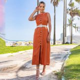 Vestido Chemise Linho Com Cinto e Botões Caramelo 