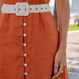 Vestido Chemise Linho Com Cinto e Botões Caramelo 