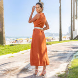 Vestido Chemise Linho Com Cinto e Botões Caramelo 