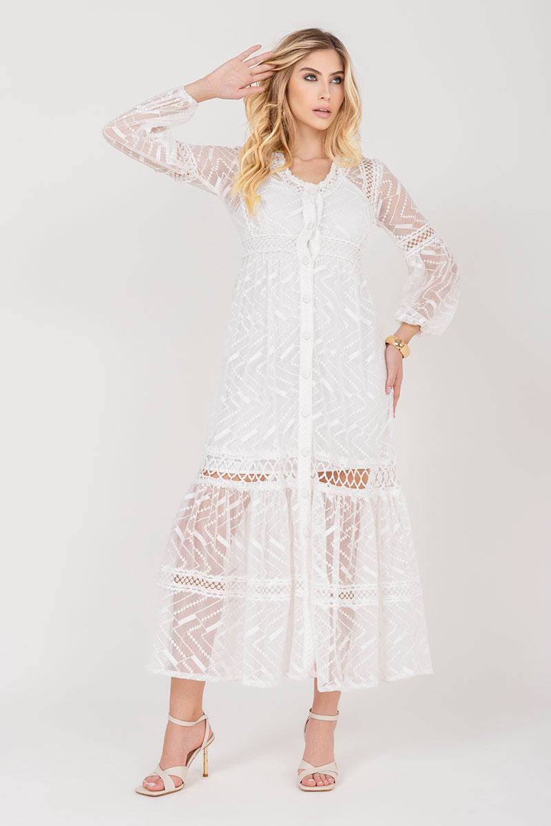 Vestido Longo Renda Manga Longa Offwhite