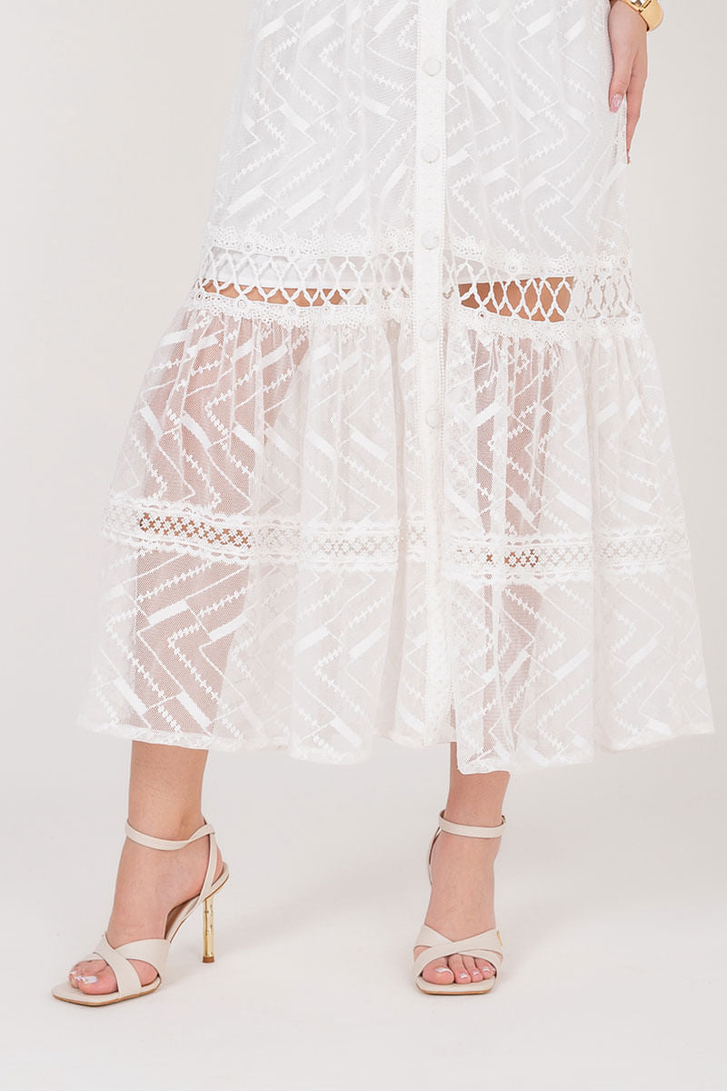 Vestido Longo Renda Manga Longa Offwhite