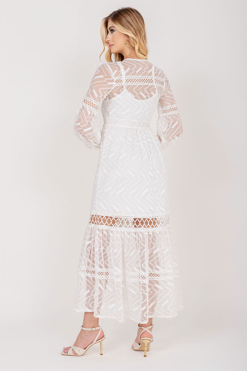 Vestido Longo Renda Manga Longa Offwhite