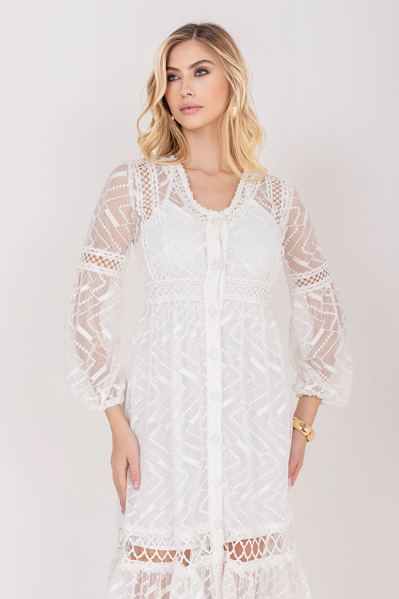 Vestido Longo Renda Manga Longa Offwhite