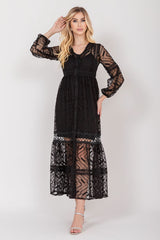 Vestido Longo Renda Manga Longa Preto