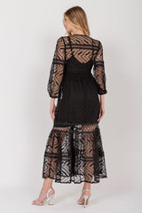 Vestido Longo Renda Manga Longa Preto