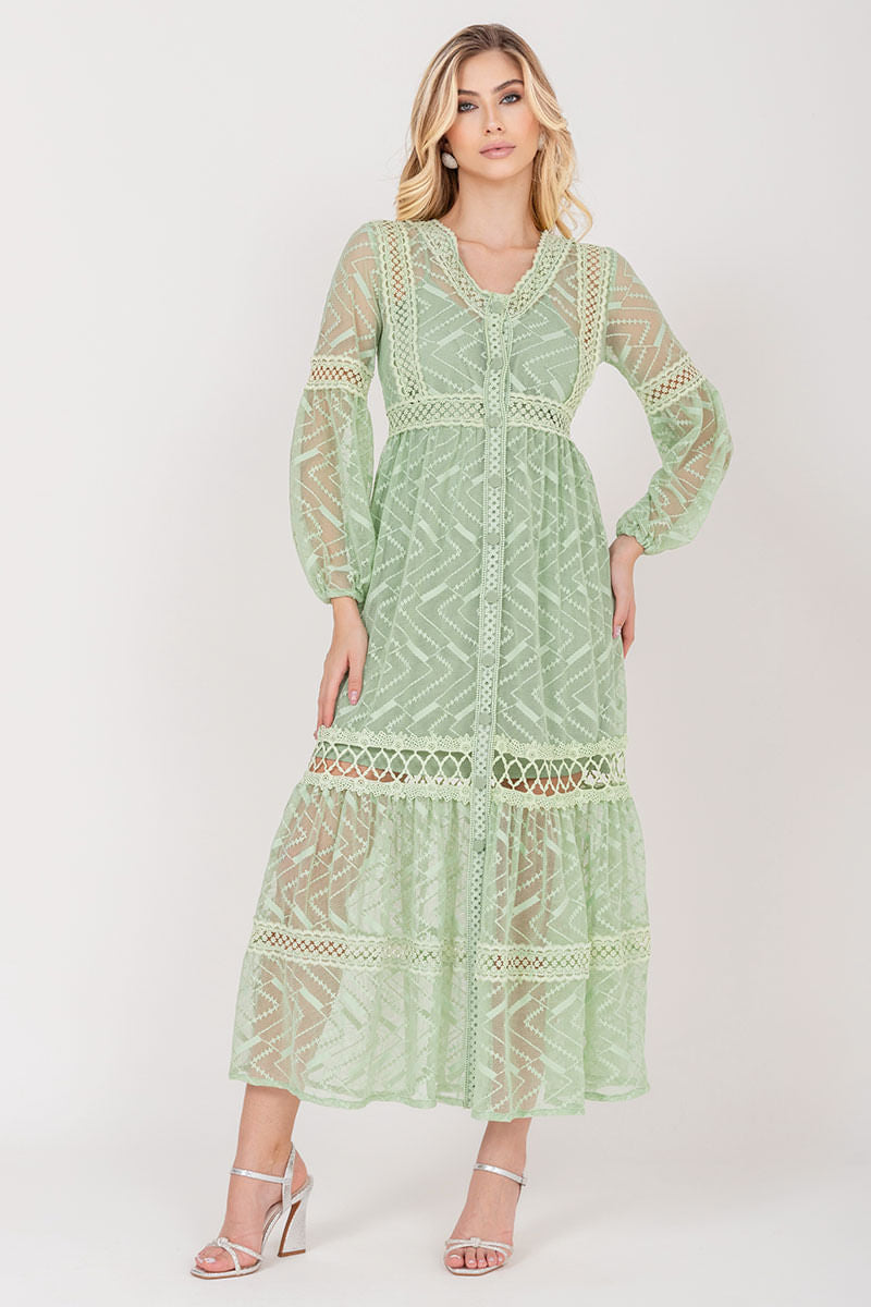Vestido Longo Renda Manga Longa Verde