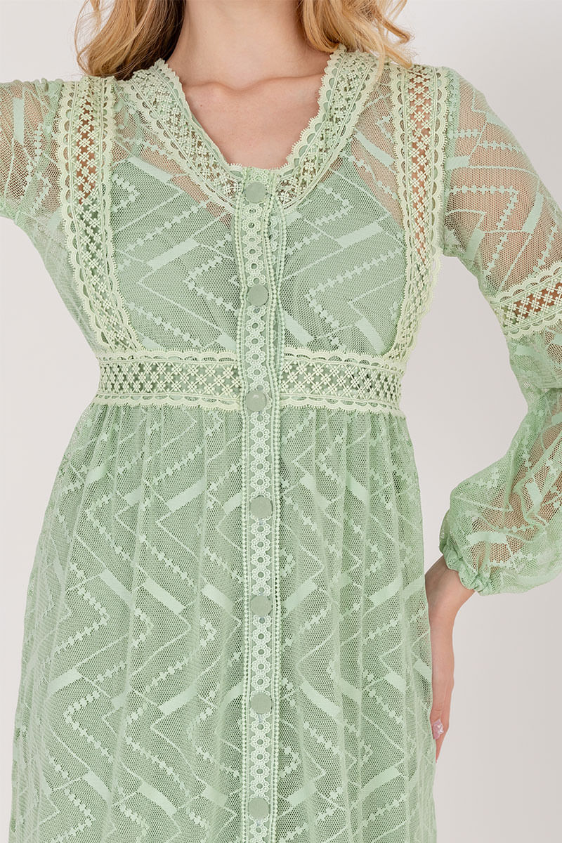 Vestido Longo Renda Manga Longa Verde
