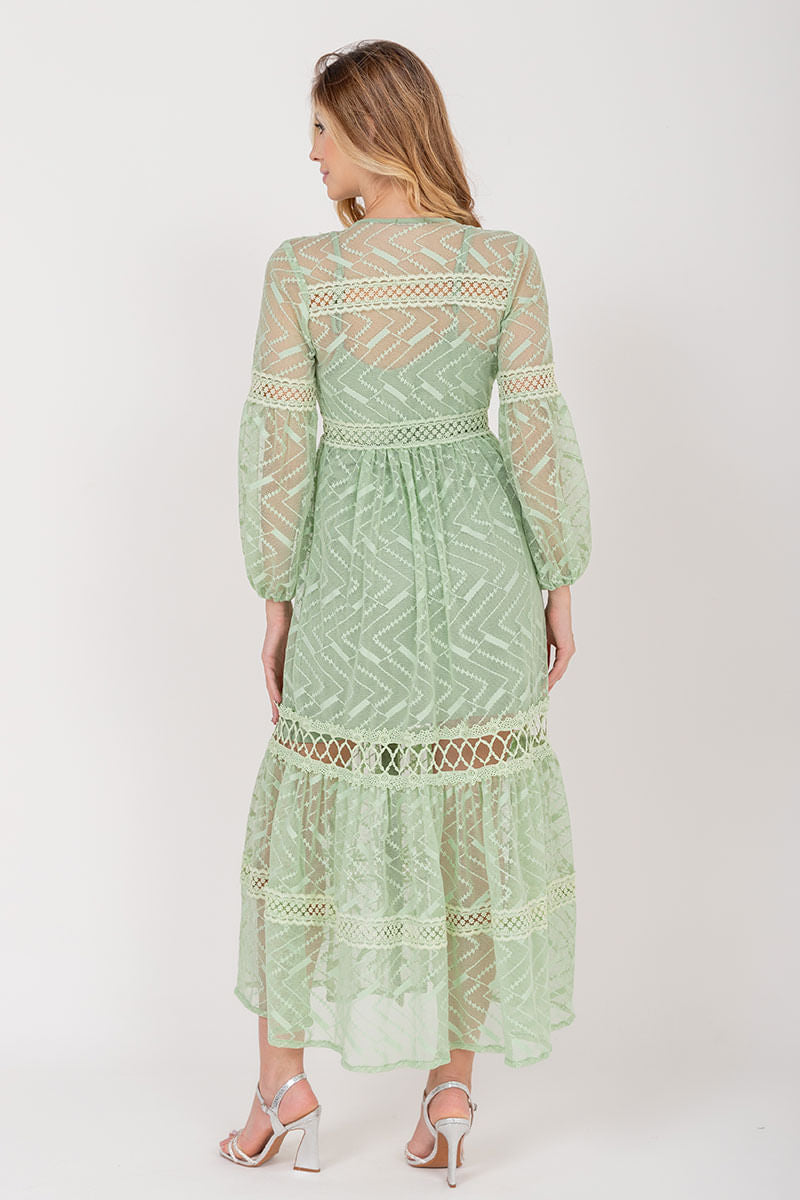 Vestido Longo Renda Manga Longa Verde
