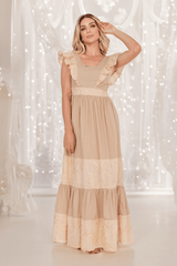 Vestido Longo Bordado Ouro Com Babado Bege