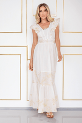 Vestido Longo Bordado Ouro Com Babado Offwhite