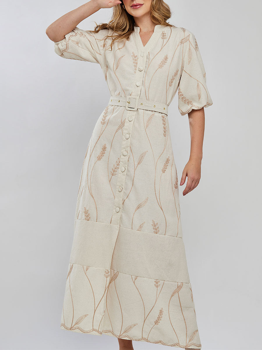 Vestido Laise Bordado Longuete Bege