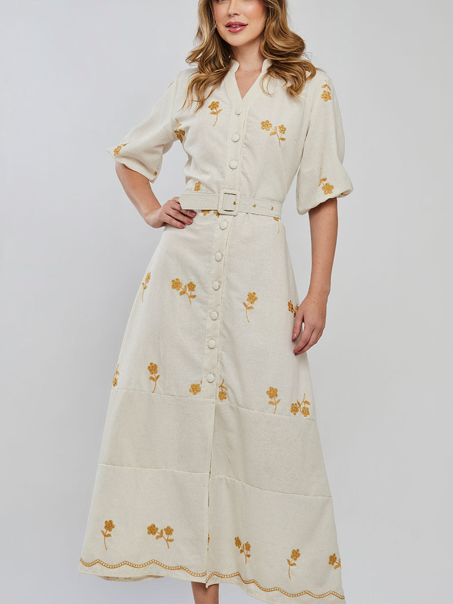 Vestido Laise Bordado Longuete Dourado