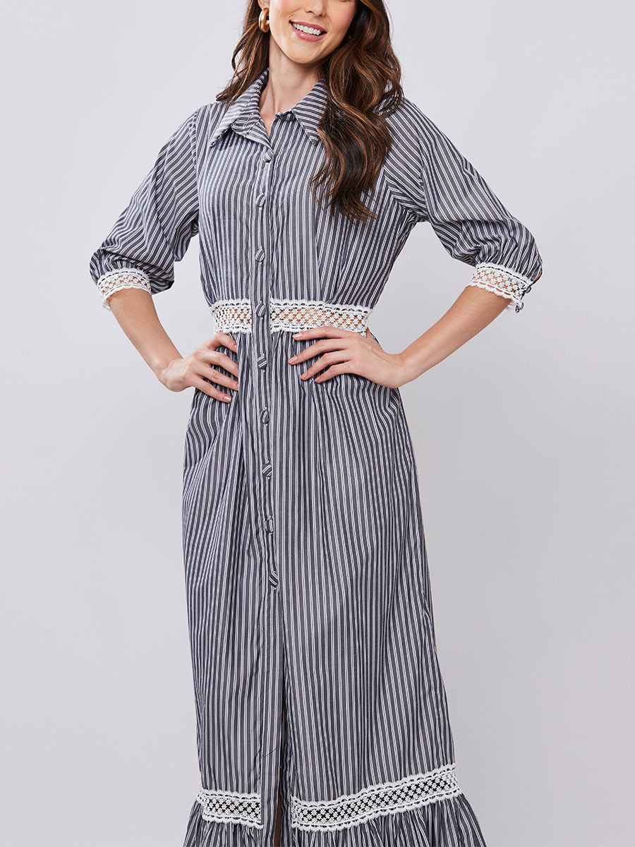 Vestido Chemise Listras Preto