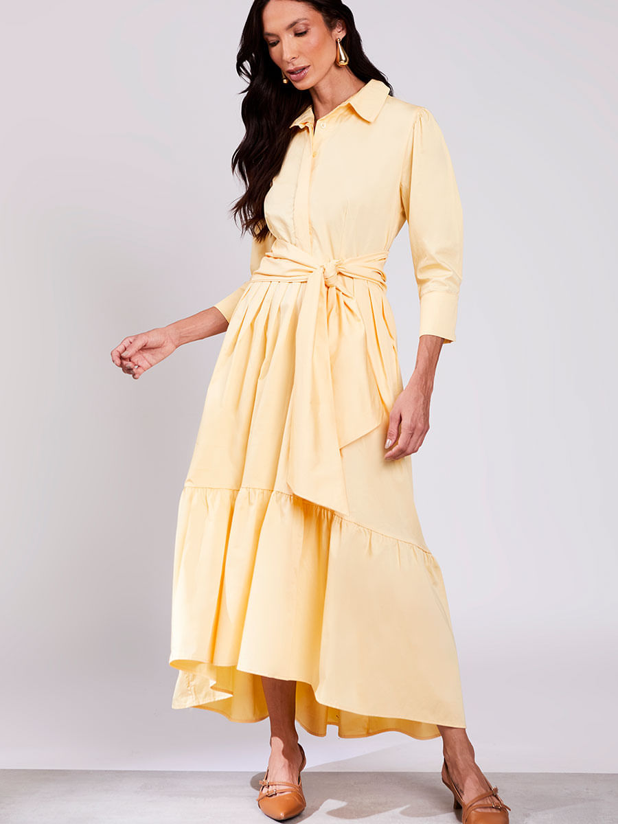Vestido Tricoline Toque Acetinado Amarelo