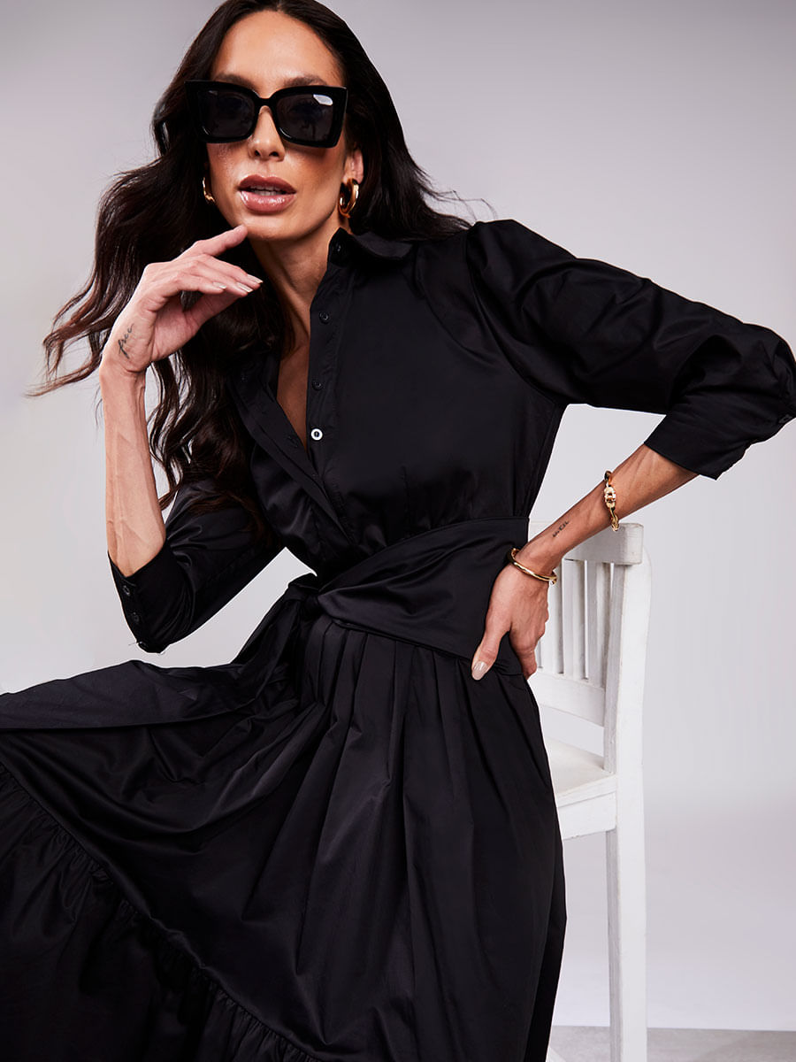 Vestido Tricoline Toque Acetinado Preto