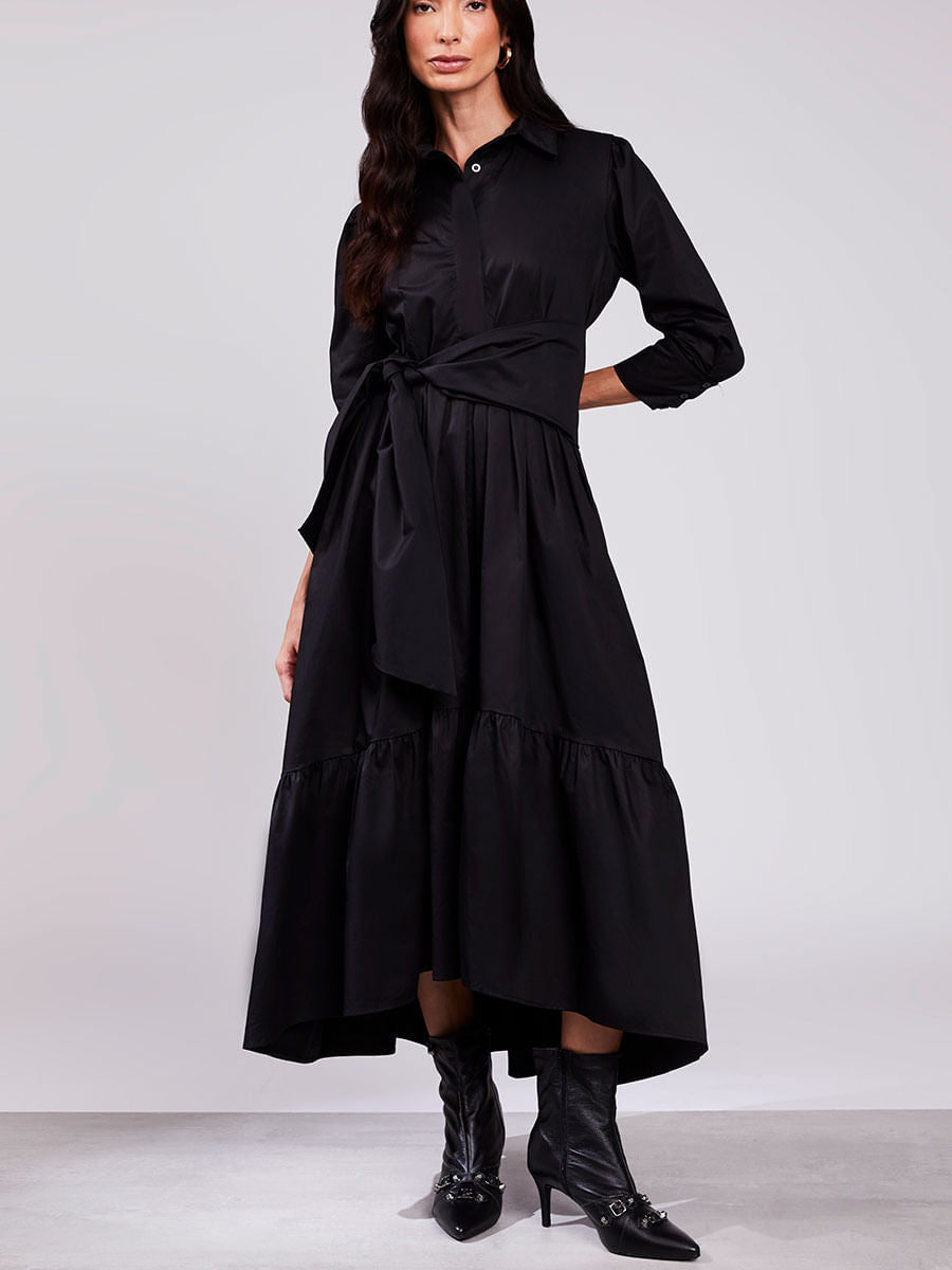 Vestido Tricoline Toque Acetinado Preto